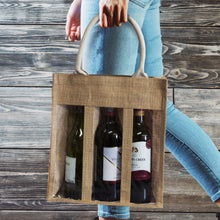 Load image into Gallery viewer, Custom Printed Serena Jute Triple Wine Carrier with Logo