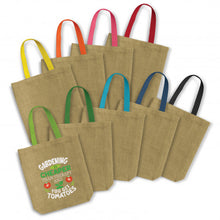 Load image into Gallery viewer, Custom Printed Thera Jute Tote Bags Coloured Handle with Logo