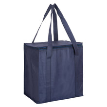 Load image into Gallery viewer, navy blue zipped lid custom printed promotional cooler bags