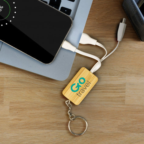 Custom Printed Bamboo Charging Cable Key Ring - Rectangle with Logo