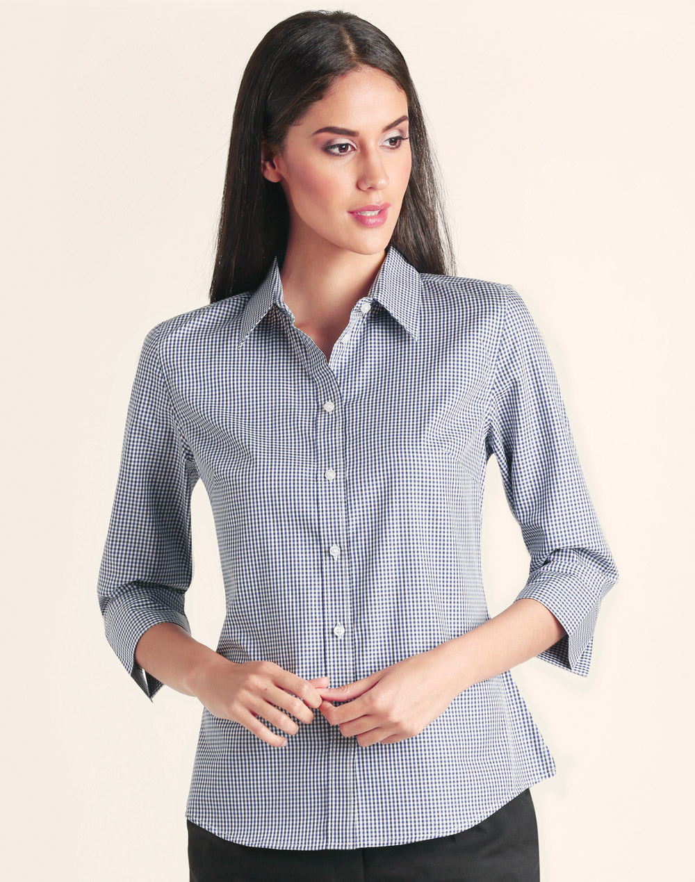 [M8320Q] Ladies' Two Tone Check 3/4 Sleeve Shirt