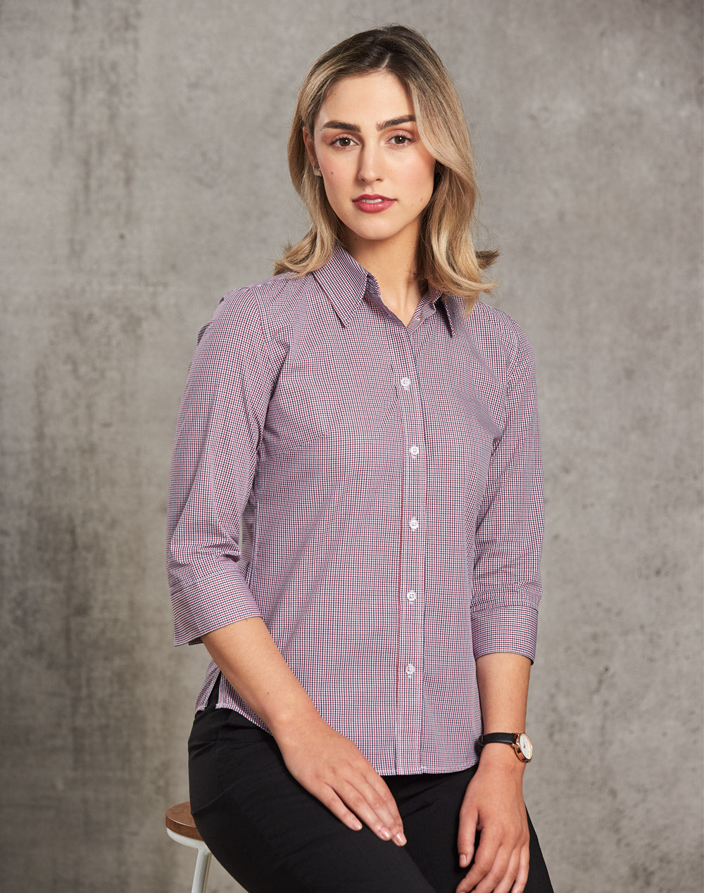 [M8340Q] Ladies' Two Tone Mini Check 3/4 Sleeve Shirt