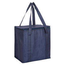 Load image into Gallery viewer, navy blue zipped lid custom printed promotional cooler bags
